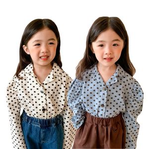 여자 블라우스 옷 아기 봄 셔츠 유아 유아용 도트 인쇄 티즈 느슨한 탑 1-7 년 어린이 코튼 셔츠 싱글 브레스트 210413