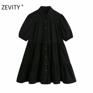 Women simply turn down collar solid black mini Dress office lady pleats ruffles Vestido Chic casual loose Dresses DS4418 210420
