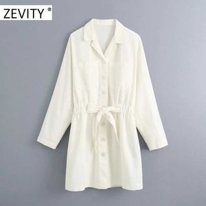 Zevity女性のファッションポケットパッチ蝶ネクタイドローストリングミニドレスオフィスレディブレストヴェスティドシックパーティーミニドレスDS4228 210603
