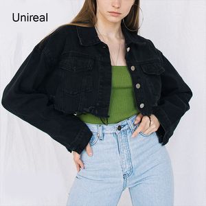 UnReal Sonbahar Streetwear Kadın Kot Ceketler Mont Siyah Rahat Dış Giyim Kırpılmış Kot Ceket 210415 Yırtık