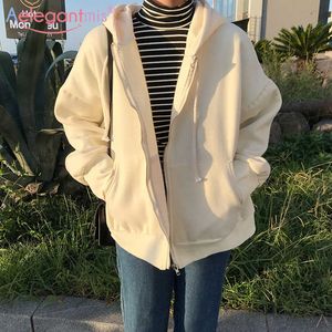 Aleegantmis outono mulheres com capuz camisolas solta estilo coreano zíper hoodies casaco casaco senhoras sólido casual bolso lã outerwear 210607