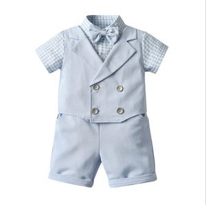 Dwukierki Zestaw Dla Baby Chłopcy Dżentelmenem Styl Odzież Ustawia Summer Boy Krótki Rękaw Koszula Kratę Koszula z Bowtie + Szorty Kids Garnituje Stroje Dzieci