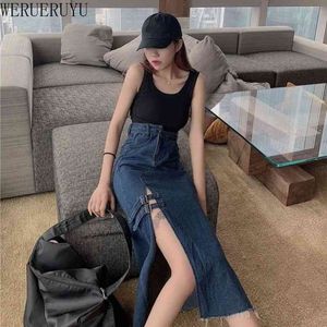 Werueruyu High Waist Women Denim Skirt Long Ankomster Blue Tassel Split Casual Jean Kjolar för Ladiesjupe Longue Femme 210608