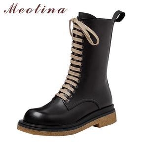 Meotina Hakiki Deri Platform Orta Topuk Motosiklet Çizmeler Kadın Ayakkabı Fermuar Dantel Kadar Kalın Topuklu Orta Buzağı Çizmeler Kadın Siyah 210520