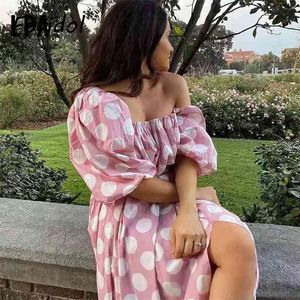 Polka Dot Różowy Vintage Dress Kobiety Latarnia Rękaw Slit Długie Eleganckie Lato Maxi A-Line Boho Odzież 210427