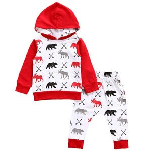 Vestiti per neonato natalizio Abiti Felpe con cappuccio per neonato Felpe Pantaloni Set di abbigliamento in cotone X'MAS Cervo Tuta per bambini Abiti 210413