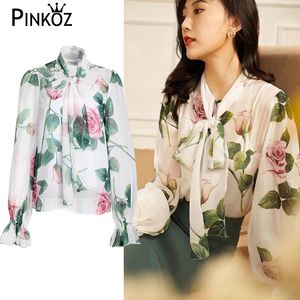 Red Roosa Flower Designer Blusa elegante Mujeres Imprimir Bow Collar Manga larga Camisa blanca Top Ropa de fiesta femenina 210421