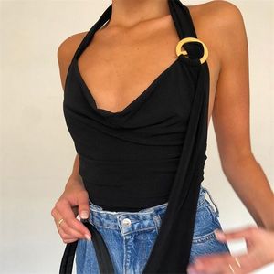 Yaz Yüksek Sokak Siyah Backless Bodysuit Bar Kulübü Parti Gece Vücut Üst Kadın Bodycon Kolsuz İnce Romper Tulum 210517