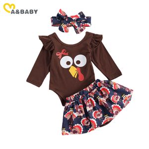 0-24M Thanksgiving Day born Infant Baby Girls Clothes Set Cartoon Turkey Romper Tutu Skirts Outfits 210515