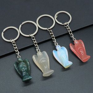 REIKI Healing Natural Stone Agates Breloki Angel Kształt Torebka Torebka Kiesy Kluczowe Akcesoria Do Łańcucha Ze Stali Nierdzewnej Ring G1019