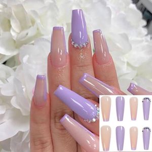 False Nails 24pcs/Box Ballerina Full Cover Artificial Manicure Tool Nail Tips Wearable Purple Long Coffin Fake