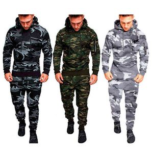 Camo Mężczyźni Dres Kapturem Kapturem Kapturem Zestaw 2 Sztuk Jesień Sporting Mężczyzna Fitness Kamuflaż Bluzy Kurtka + Spodnie Zestawy G1209