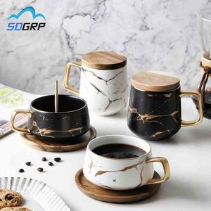 Marble Ceramic Coffee Mug Breakfast Milk Mugs Beer Drink Glass Tea Cup Gold Plated Handle Wood Saucer Lid Drinkware Gift Cups 210409