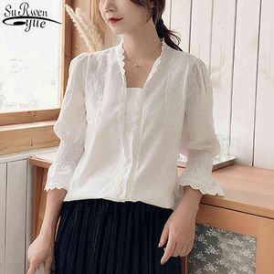 Herbst Büro Dame Baumwolle Strickjacke Shirts für Frauen Weiß Damen Tops Langarm Solide V-ausschnitt Bluse Blusas 10321 210427