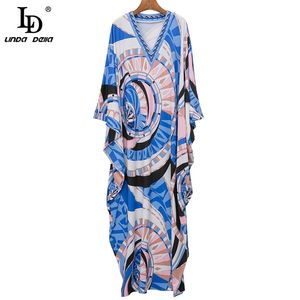 여성 느슨한 긴 드레스 패션 디자이너 여름 V 넥 기하학 인쇄 보헤미안 여성 휴일 바닥 길이 210522