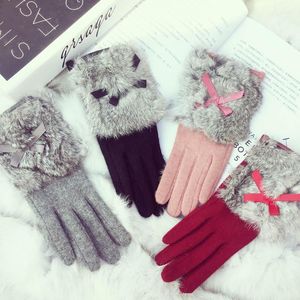 Fingerless Gloves Cashmere Autumn And Winter 2021 Hair Touch Screen Bow Finger Women Warm Thick Elegant Beautiful