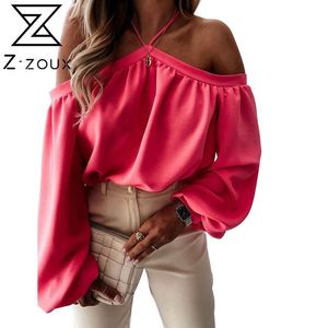 Women T Shirt Off Shoulder Halter T-shirt Long Sleeve Loose Casual Tee Female Summer Tshirts Plus Size Tops 210524