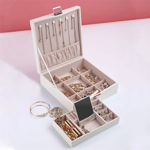 Dubbelskikt Smycken Förvaring Box PU Läder Ring Display Portable Halsband 210423