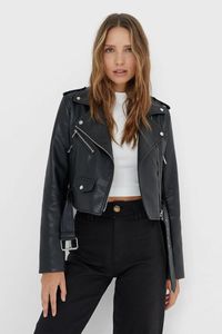 Women s Jackets Black Arched Faux Leather Basic Biker Jacket Long Sleeve Zipper Cotton Butter Windbreak Club Season