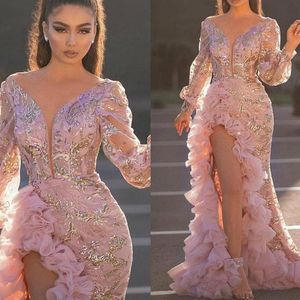 Różowy Syrenka Suknie Wieczorowe Długie Rękawy Illusion Crystal Forading High Side Split Długość Długość Party Dress Prom Suknie Otwórz Wsteczki DE Soirée