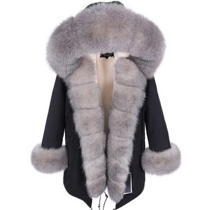 Maomaokong, abrigo con cuello de piel real natural, chaqueta de cuero para mujer, ropa de invierno, chaqueta bomber, parkas, abrigos acolchados largos 211018