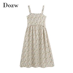 夏の花のプリントロングドレスセクシーな背中のないプリーツESスパゲッティストラップビーチSundress Vestidos de Verano 210515