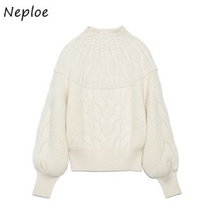 Neploe Herbst Winter Süße Japanische Stil Frauen Pullover Elegante Oansatz Gestrickte Tops Twist Patchwork Laterne Ärmel Pullover 210423