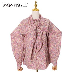 Twotwinstyle Baskı Çiçek Gömlek Kadınlar Için Puf Uzun Kollu Rahat Tunik Zarif Bluz Kadın Moda Giyim Stil 210517