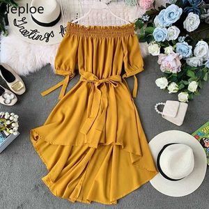 Neploe Women Chiffon Irregular Dresses 2021 Summer Lace Up Slim Waist Dresses Slash Neck Short Sleeve Beach Style Vestido 1A965 Y0726