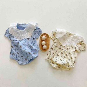 Toddler Bebek Kız Pamuk Çiçek Baskı Desen Bodysuit Yaz Yeni Çocuk Kız Moda Çiçek Kenar Yaka Kısa Kollu Bodysuits 210413