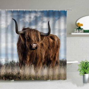 Highland Cow Theme Dusch Gardiner 3D-tryck Vattentät tyg Djurdjur Badrum Gardin Set Badkar Art Inredning med krokar 210609