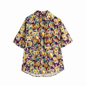 Старинные женщины цветок печатания патч карманные рубашки Femme с коротким рукавом блузка повседневная дама свободные вершины Smock Blusas S7837 210430