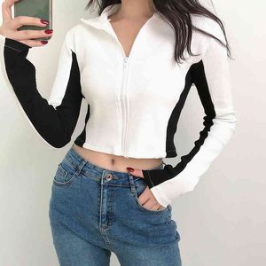 Schwarz Weiß Patchwork Harajuku Weibliche Koreanische Kleidung Rollkragen Zip Up Crop Top T-stück frauen Hemd Herbst Langarm T-shirt 210415