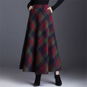 Плед высокая талия длинные юбки для женщин осень зима элегантная корейская мода Maxi мама плюс размер 3xlcasual Fold шерсть 210421
