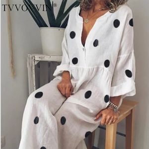 TVVOVVIN 5 Farben S-5xl Plus Neue 2020 Sommer Europäischen Stil Volle Hülse Druck Punkte V-ausschnitt Ankle-länge Frauen Lose kleid F336 X0521