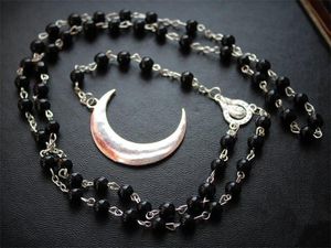 Naszyjniki wisiorek Long Gothic Crescent Moon Pentagram Necklace spirit Naszyjnik Różaniec Wicca Pagan Black Beads Charm Biżuteria