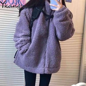 Vinter tjock varm lamm ull kvinnor kappa kvinnlig faux päls lila jacka koreanska damer casual parkas streetwear plysch fleece topp 210421