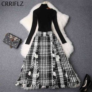 Winter Women Set Pełna Rękaw Turtlenck Bez Ramiączek Pullover Tweed Retro Big Swing Spódnica 2 Sztuka Elegancka Dress Patry 210520