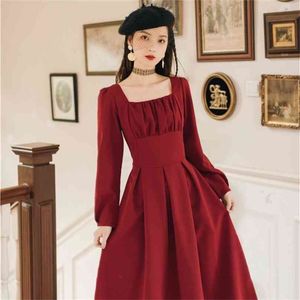 Red Wine Long Women Dress Square Collar Empire Party Vintage Full Sleeve Mid-calf Female Spring Elegant 210603