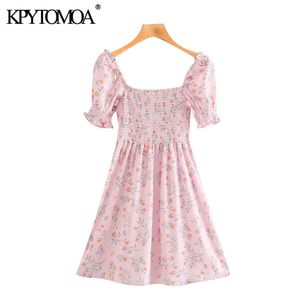 Women Fashion Floral Print Ruffles Mini Dress Vintage Puff Sleeves Smocked Female Shirts Blusas Chic Tops 210416