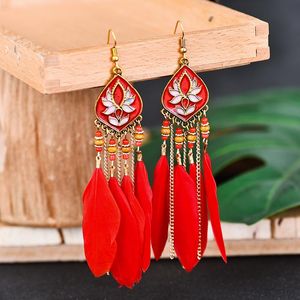 Stud Colorful Long Feather Vintage Bohemian Fringed Earrings Gold Alloy Chain Round Metal Leaf Tassel Boho Jewelry