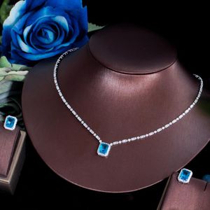 Ohrringe Halskette CWWZircons Shiny Square Cut Zirkonia Hellblau Schmuckset Für Frauen Weißgold Farbe Braut Hochzeit Party T576