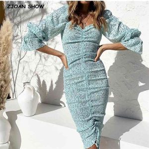 Package Hips Dot Print Långärmad Klänning Elegant Kvinnor Lacing Up Elastic Ruched Mid Party Dresses Slim Fit Vestido 210623