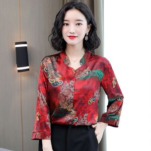 Koreańska jedwabna bluzka kobiety satynowe bluzki kwiatowe z długim rękawem koszule topy plus rozmiar kobieta Drukowanie V Neck 210427