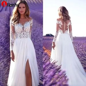 2022 Kleider Sheer Langarm Vintage Spitze Brautkleider Jewel Neck High-Thigh Split Side Sommer Strand Brautkleider Vestido De Novia BA7738