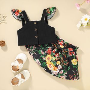 Top con bretelle per ragazze e gonne a fiori Set di abiti Estate 2021 Boutique di abbigliamento per bambini 1-5 Top senza maniche con volant per bambini 2 PC Moda