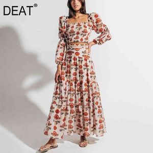 DEAT Lato Moda Pełne Rękawy Drukowane Wysoką Talię Top I Long Halpody Spódnica Dwie Kawałki Zestaw Vestido WR52406L 210428