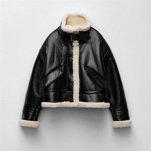 Za女性のジャケット秋のファッションフリース模造レザージャケットコートビンテージ長袖女性のアウターシックトップ211119