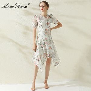 Fashion Designer Summer Vintage Party Dress Women's Short sleeve Hollow out embroidered Asymmetrical Midi 210524