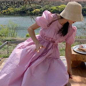 韓国のシックな夏のドレス女性プリーツOネックパフスリーブvestidosファム蝶ネクタイスリムウエストAラインドレス6H224 210603